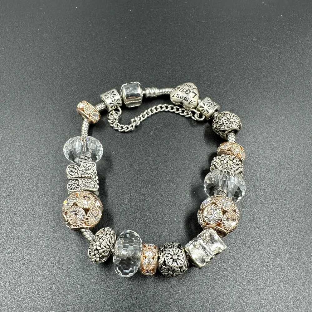 Butterfly Floral and Faceted Crystal Slider Charm Bracelet